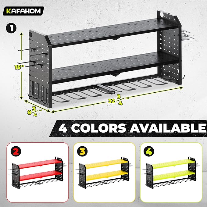 KAFAHOM Power Tool Organizer，Large 8 Drill Holder Wall Mount ，Heavy Duty Metal Tool Shelf with 12 Hooks，Storage Rack for Garage Organization，Utility Cordless Drill Holder and Battery Shelves