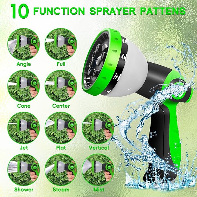 Garden Hose 50 FT, NON-EXPANDABLE Heavy-Duty Flexible & Lightweight Water Hose with 10-Function Nozzle, No-Kink, Leak-Proof Super Fabric, Solid Fittings for Lawn, Car, Outdoor (Black Green)