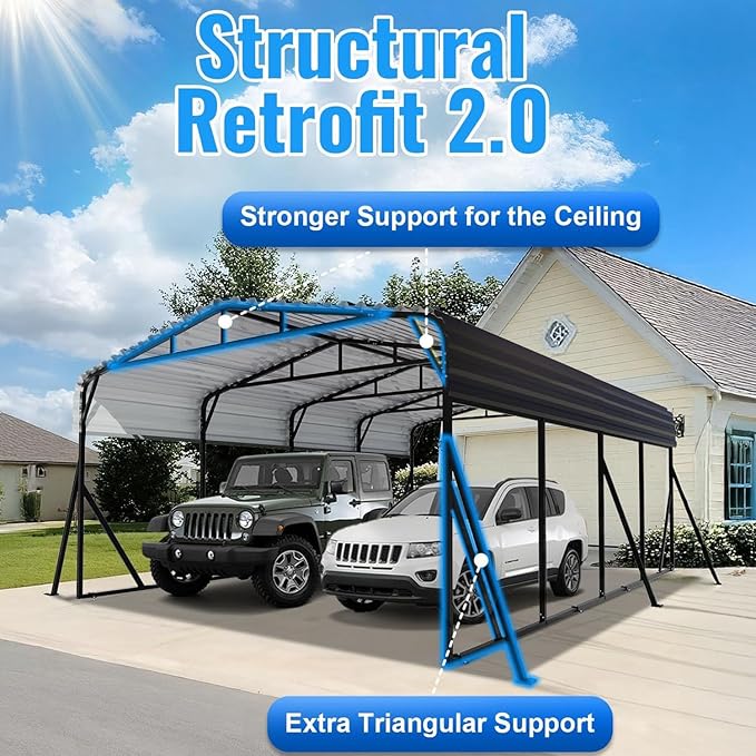 20X20FT Heavy Duty Carport, Metal Carport with Reinforced Frame & Side Support Poles for All-Weather, Large Outdoor Car Port Suitable for Parking Pickup, Boat, Car, and Tractor