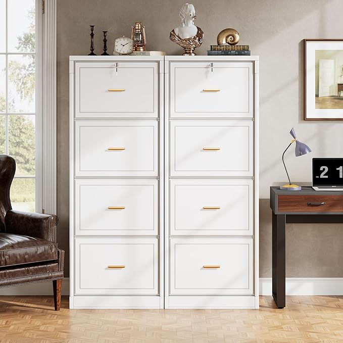 Tribesigns 4-Drawer File Cabinet with Lock, Locked File Cabinet with Key, Tall Wooden Filing Cabinets for Home Office, Vertical Office Storage for Legal Size/Letter/A4/Files, White (2 Pcs)