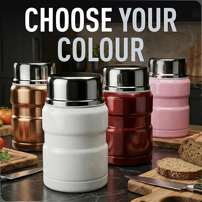 Earth&ME Stainless Steel Thermo For Hot Food 17OZ with Folding Spoon, Vacuum Insulated Food Container, Soup Thermo with Wide Mouth, Insulated Food Jar for Hot & Cold Food, White