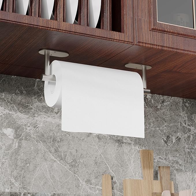 RUACQ Paper Towel Holder Under Cabinet, Wall Mounted or Adhesive Stainless Steel Paper Towel Holder,Round Base Paper Towel Rack for Kitchen, RV, Bathroom (Brushed Nickel)