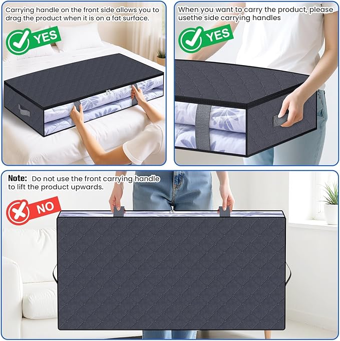 Under Bed Storage Containers, 6 Pack Blanket Storage Bags, Collapsible Storage Bags with Big Zippers, Clear Front, Shoe Storage and Organization for Clothes, Comforter, 90L, Grey