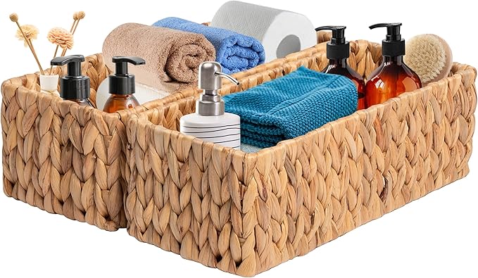 JS HANGER Paper Storage Basket, Metal Frame, Set of 2, 14.9"L x 6.3"W x 4.7"H, Wicker Basket for Pantry, Toilet, Bathroom, Bedroom, Patio Storage Baskets for Shelves
