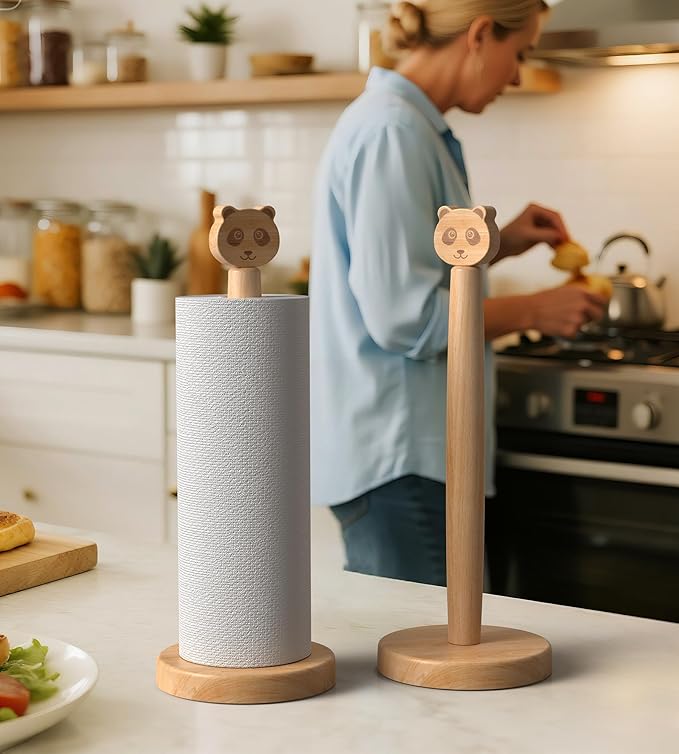 Cute Wooden Paper Towel Holder Stand - Kitchen Paper Hanger Rack Bathroom Towel Roll Stand Organizer Simply Standing Countertop Paper Roll Holder, Panda