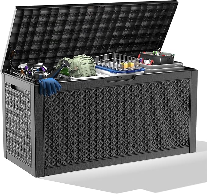 110 Gallon Outdoor Storage Box,Large Waterproof Resin Deck Box,Lockable Storage Container with Reinforced Support for Patio Cushions,Garden Tools,UV-Resistant(Black,110Gallon)