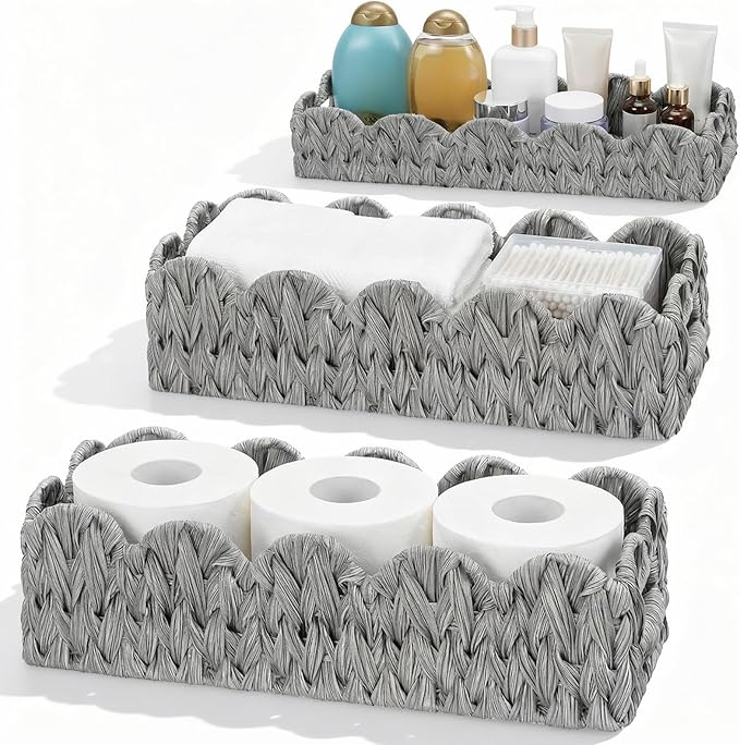 3Pack Toilet Paper Basket for Organizing Scalloped Edge Wicker Basket with Handles Toilet Tank Paper Holder Storage for Bathroom Bedroom Countertop Shelf Decor(Gray,Plastic)