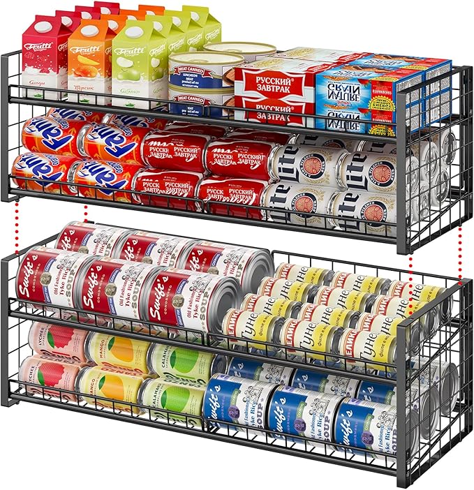 2-Pack Stackable Can Rack Organizer for Pantry, Stable Extra Long Storage for Kitchen Cabinet Cupboard, Rolling Can Holders for Canned Food, Dispenser for Snacks and Canned Soda