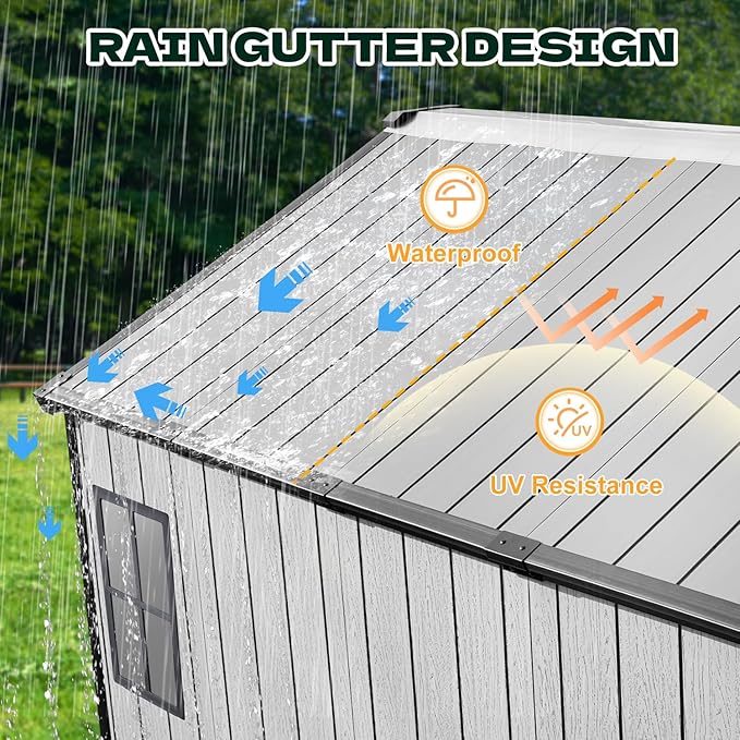 8 x 10 FT Plastic Outdoor Storage Shed with Floor, Resin Storage Tool Shed with Windows and Lockable Door, Outdoor Garden Shed for Lawnmower, Bike, Pool Supply