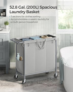SONGMICS Laundry Basket with Wheels, 3-Section Rolling Laundry Hamper, 52.8 Gallons (200 L), Removable Liner, Steel Frame with Handle, 35.8 x 15.4 x 31.9 Inches, Dove Gray URLS005G01