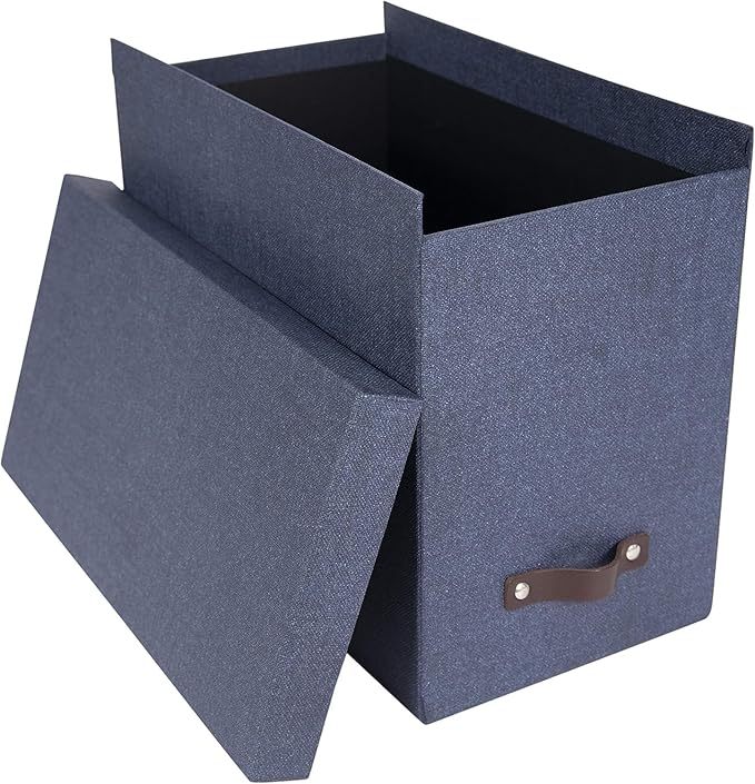 Bigso John Desktop File Box - Storage Solution and Document Organizer for Important Paperwork - Durable Hanging File Box with a Lid and Leather Handle - 7.36 in x 13.26 in x 10.51 in - Grey