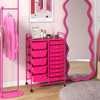 LUARANE Rolling Cart with 15 Drawers, Craft Storage Cart with Portable Handles & Lockable Wheels, Mobile Toys Organizer, Large Capacity Utility Drawer Cart Home Office School Teacher (Hot Pink)