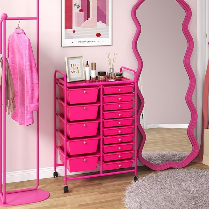 LUARANE Rolling Cart with 15 Drawers, Craft Storage Cart with Portable Handles & Lockable Wheels, Mobile Toys Organizer, Large Capacity Utility Drawer Cart Home Office School Teacher (Hot Pink)