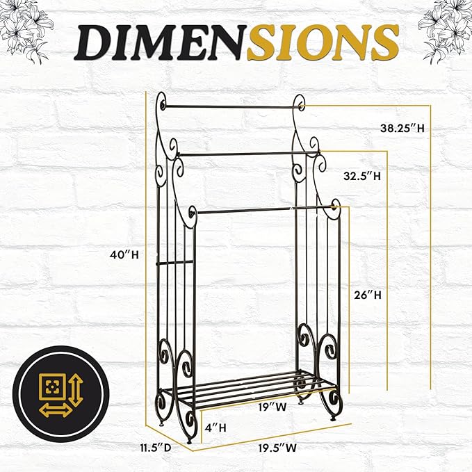 Kings Brand Furniture Pewter Metal Towel Racks for Bathroom with Shelf - 3 Long, Sturdy, Versatile & Modern Towel Rack with Storage Shelf Perfect for Laundry Room, Kitchen Area & Bathroom Towel Rack