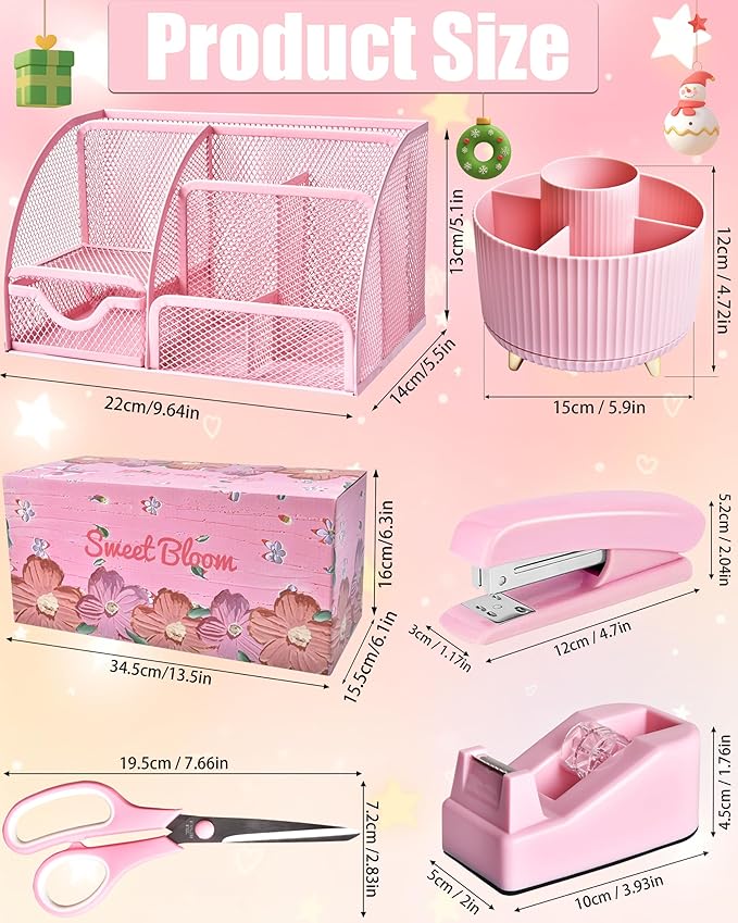 21Pcs Pink Desk Organizers and Accessories With Mesh Desk Organizer and 360°Rotating Pen Holder and a Lot of Office Pink Office Supplies Beautifully Presented in a Gift Box