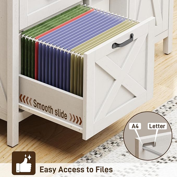 3 Drawer File Cabinet, Farmhouse Style Lateral Filing Cabinet Suitable for Letter or A4 Size Files, Wooden Home Office Storage with Adjustable Shelf and Printer Stand, White and Brown