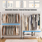 BATHWA Heavy Duty Garment Rack on Wheels, Rolling Clothes Racks for hanging clothes, Modern Closet Wardrobe Clothing Rack with 8 Side Hangers, White
