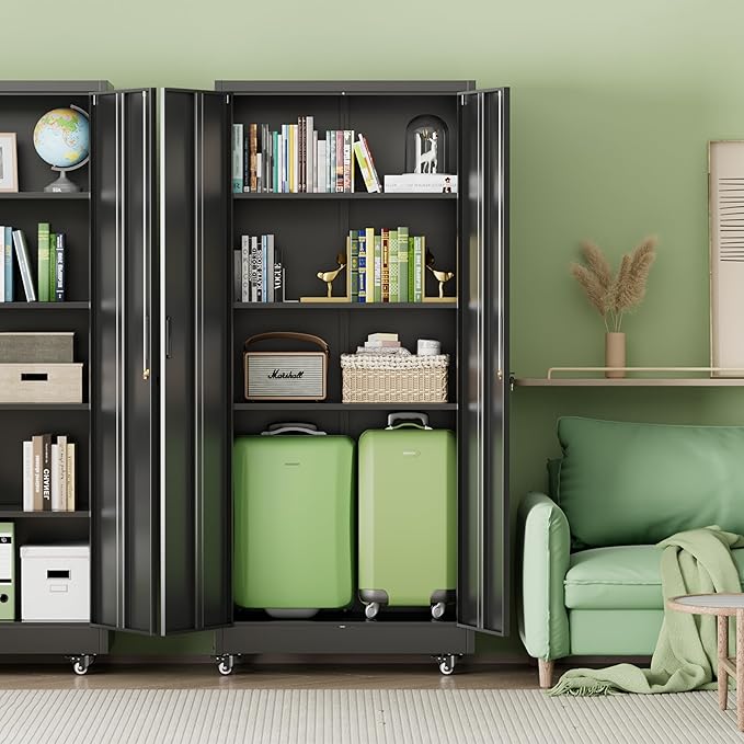 INTERGREAT Metal Storage Cabinet with Wheels, 73" H Rolling Metal Cabinets with Doors and Shelves, Black Steel Lockable Cabinet on Wheels for Garage Storage