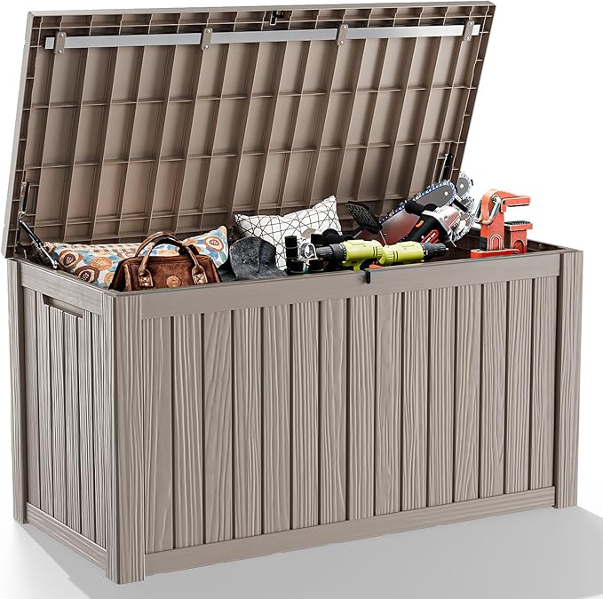 180 Gallon Deck Box Outdoor, Waterproof Outdoor Storage Boxes with Lids, Outside Resin Lockable Storage Box for Patio Cushions, Garden Tools(Grey)