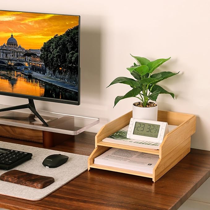 Multibey A4 Bamboo Stackable Paper Tray 2-Pack, 2-Tier Anti-Toppling Desk Organizer, Wooden Letter Document Magazine Tray Desktop File Folder Holder for Office & Home Supplies
