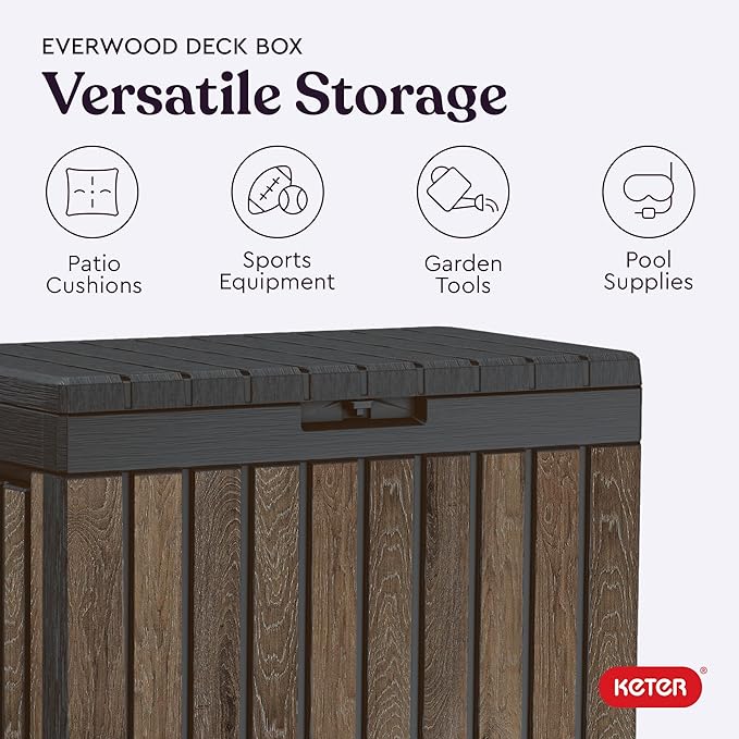 Keter Signature Everwood 50 Gallon Resin Deck Box-Organization and Storage for Patio Cushions, Throw Pillows and Garden Tools, Walnut