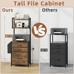 3 Drawer File Cabinet with Charging Station, 45''H, 3-Tier Filing Cabinet for Home Office, 11''*16'' for Small Printer, Fabric Drawer Fits Letter/A4, Tall Printer Stand, Rustic Brown