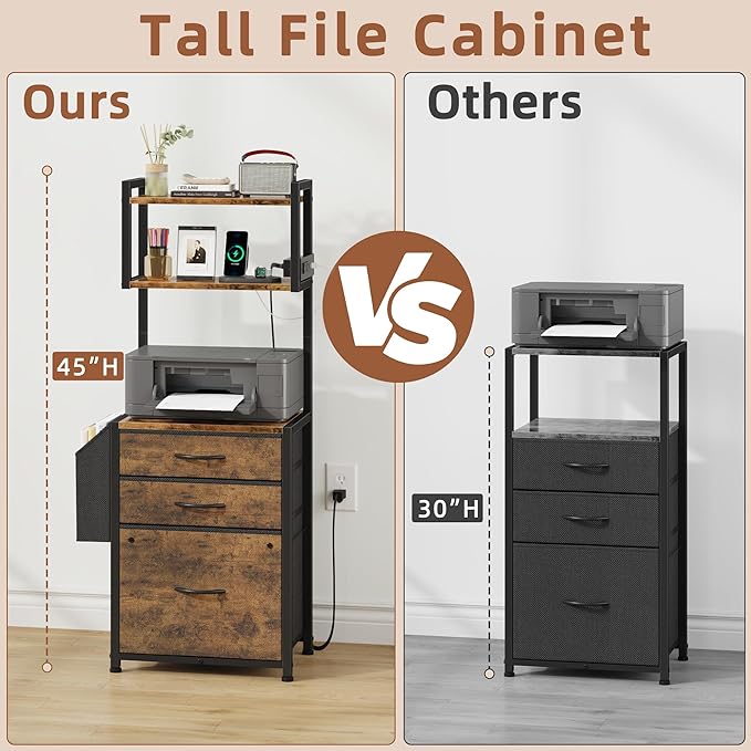3 Drawer File Cabinet with Charging Station, 45''H, 3-Tier Filing Cabinet for Home Office, 11''*16'' for Small Printer, Fabric Drawer Fits Letter/A4, Tall Printer Stand, Rustic Brown