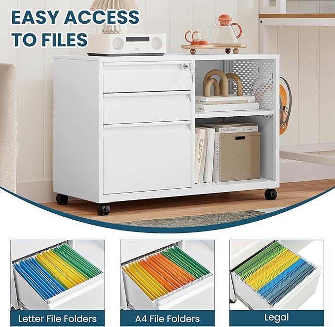 MIIIKO File Cabinet 3 Drawer, White Filing Cabinets with Shelf, Home Office Rolling File Storage Cabinet with Lock, Metal Printer Stand with Casters Office Storage A4, Letter Legal File Folders