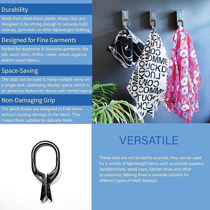 Black Scarf Clip Hangers for Retail, Economic Plastic Fine Garment Pinch Hooks, 1000 Pack