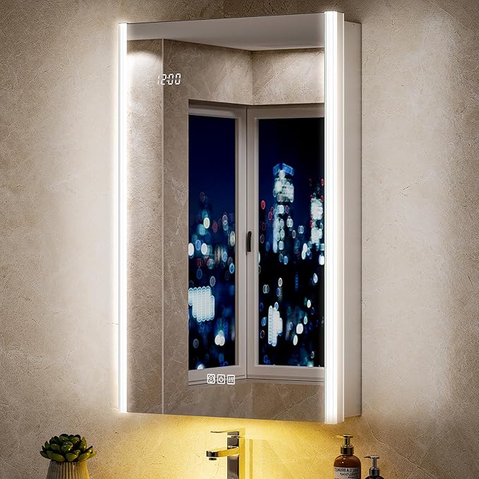 20x32 Lighted Medicine Cabinet Mirror with Lights & Smart Night Lamp -Surface or Recessed Medicine Cabinet Mirror with Outlet & Clock,Fogless Dimmable LED Storage Mirror,Built-in Sensor Light