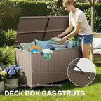 Outdoor Storage Box with Wheels 150 Gallon, Metal Deck Boxes Waterproof, UV Resistant Patio Storage Box with Lid for Patio Furniture, Garden Tools (Brown)