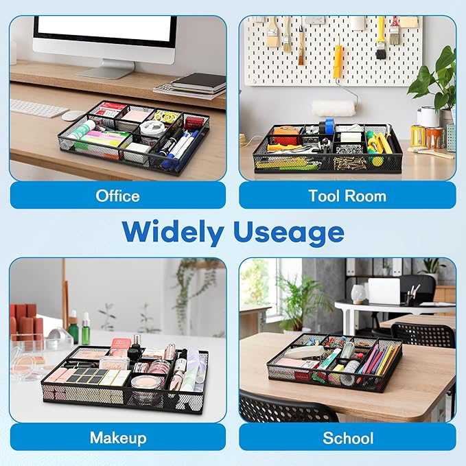 Desk Drawer Organizer Tray,Drawer Organizer for Office and Home,Desk Organizer with Drawers,7 Compartments,Non-Slip Desk Organizers (Black, 12.3" L x 8.3" W x 1.8" H)