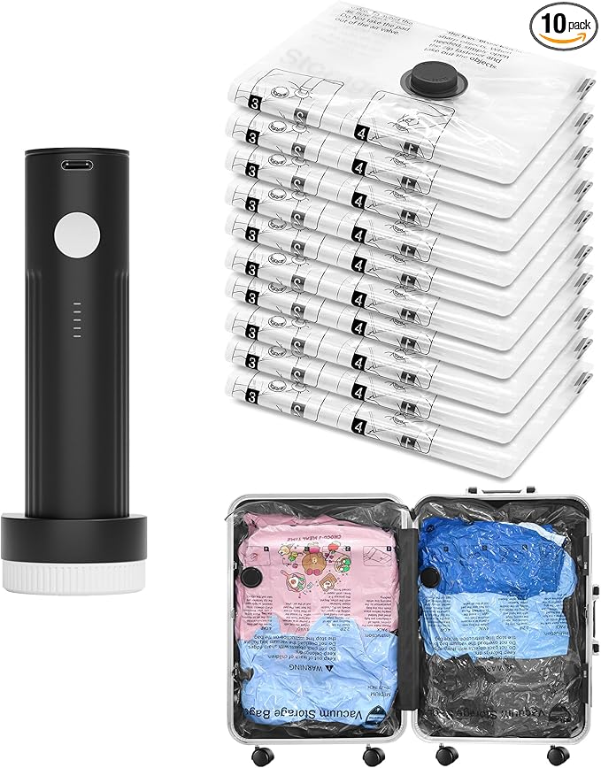 Vacuum Bags for Travel with Rechargeable Pump, 10 Medium Compression Packing Seal Bags for Luggage Suitcase, Space Saver for Clothing and Clothes Storage Travel