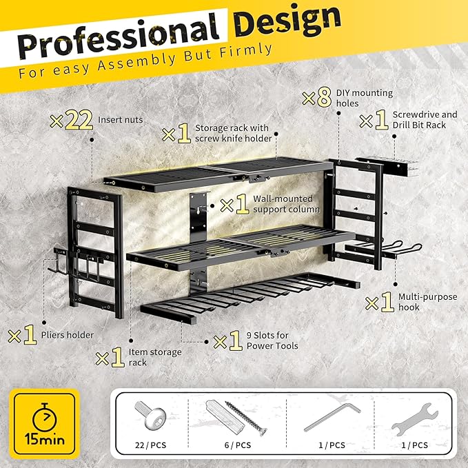 Power Tool Organizer Wall Mount Heavy Duty 320 lbs, 3 Layers Storage Rack with 9 Drill Holders & Battery Storage, cordless tool organizer for Garage, Workshop & Tool Room