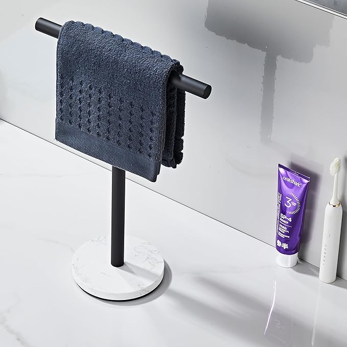 Hand Towel Holder, 15 Inch T-Shape Freestanding Towel Rack Stand for Bathroom & Kitchen Countertop with Matte Black Finish and Marble Base
