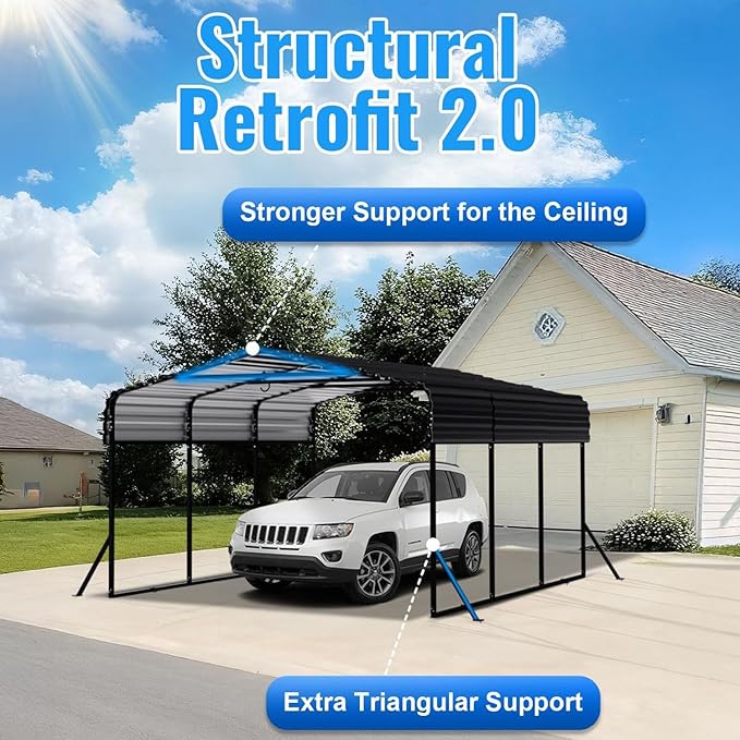 10x15FT Metal Carport, Heavy Duty Carport with Reinforced Frame & Side Support Poles for All-Weather, Outdoor Car Port Suitable for Parking Pickup, Boat, Car, and Tractor