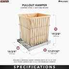 Rev-A-Shelf Pullout 20 Inch Deep Cabinet Floor Steel Mounted Clothes Laundry Hamper with Full Extension Slides, Chrome, HRV-1520 S CR - Hidden Storage Basket Organizer for Laundry Room and Bathroom