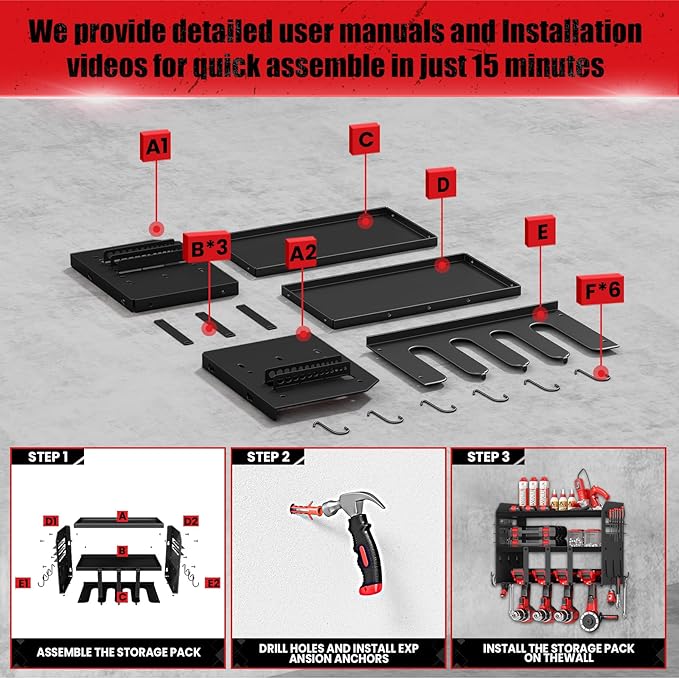 Power Tool Organizer Wall Mount: Heavy Duty Storage Organization Stand Cordless -3 Layers Large Garage Organizer with Drill Holder -Metal Steel Utility Rack Hooks Screwdriver -Gifts for Man