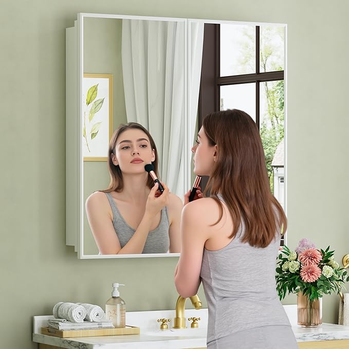 Buruis 30" x 30" Framed Medicine Cabinet with Mirror, Recessed or Wall Mounted Bathroom Cabinet, Adjustable Tempered Glass Shelves, Left/Right Open Reversible, No Assembly Required, White