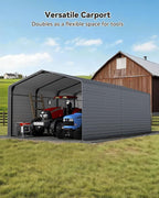 Heavy Duty Metal Carport, 12x20FT Outdoor Carport Canopy with Galvanized Steel Roof and Reinforced Base, Metal Side Panels, Sidewalls, Garage Shelter Shade for Cars, Trucks, Boats, Gray
