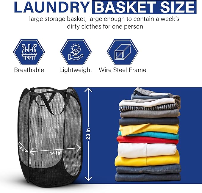 DecorRack 1 Pack Mesh Pop Up Laundry Hamper, Lightweight Foldable Clothes Basket with Easy Carry Handles, Durable Mesh Design for Air Circulation and Simple Storage, Black (1 Pack)