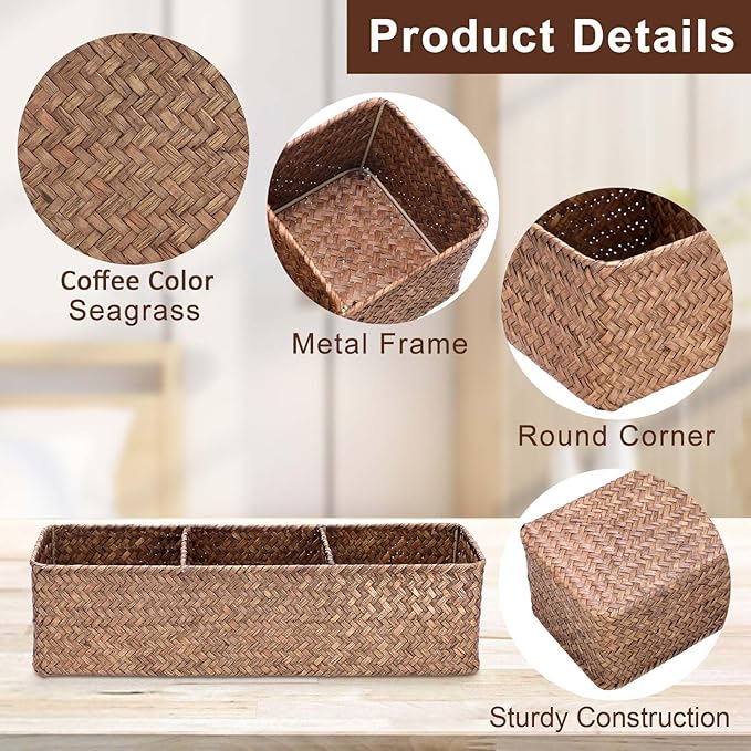 Hipiwe Handwoven Wicker Storage Box 3 Sections Seagrass Basket Bin Toilet Paper Holder for Bathroom Shelf Organizer for Kitchen Living Room, Coffee Color