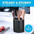 Cooler Kitchen Black Rotating Extra Large Stainless Steel Utensil Holder Caddy with Sturdy No-Tip Weighted Base, Removable Divider, and Gripped Insert - Dishwasher Safe Metal Cooking Utensil Holder
