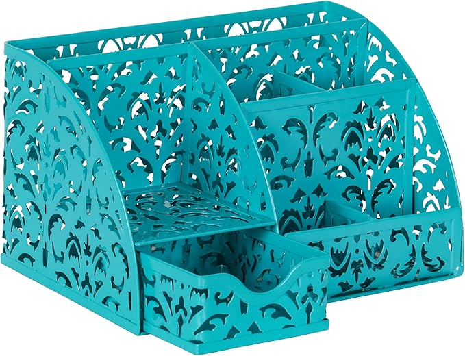 EasyPAG Desk Organizer and Pen Holder for Desk, Mesh Office Supplies Storage Caddy with Drawer for Small Space, Desktop Organizer for Home Office, Dark Teal