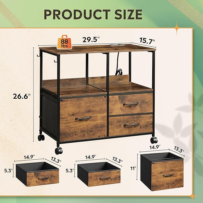 DEVAISE 3 Drawer Mobile File Cabinet, Rolling Printer Stand with Storage Shelf, Fabric Lateral Filing Cabinet fits A4 or Letter Size, Adjustable Shelf for Home Office, Rustic Brown