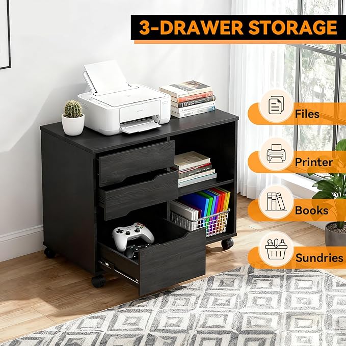 FDW 3 Drawer Lateral File Cabinet Mobile File Cabinet with Open Storage Shelves Office Printer Stand & Under-Desk Organizer with Wheels for Home Office,Black