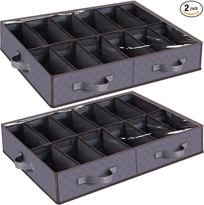 Under Bed Shoe Storage Organizer, Set of 2, Sturdy Structure, Adjustable Dividers, Reinforced Handle, Sturdy Zipper, Underbed Storage Solution with Clear Window, Breathable, Gray