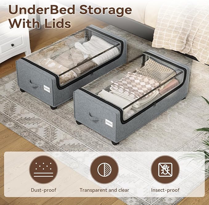 Under Bed Storage With Wheels, Tall Under The Bed Storage, Underbed Storage Containers With Lids, Metal Frame, 90L Capacity, Large Size