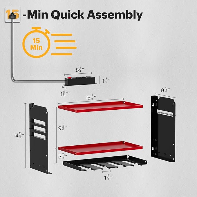Power Tool Organizer Wall Mount with Charging Station, Tool Battery Holder with 4 Outlet Power Strip, 15 Min Assembly & Maximum 100lb Load by Heavy Duty Metal, 4 Slots for Cordless Drill