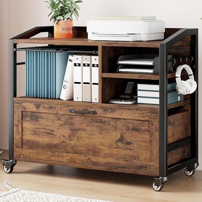 HSH Mobile Lateral File Cabinet with Drawer, Rolling Filing Cabinet with Storage Shelves & Hanging File Folders, Wooden Metal Printer Stand Fits A4 Letter Legal Size for Home Office, Rustic Brown,33In